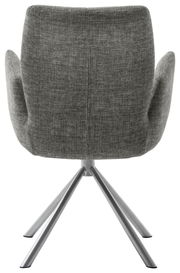 Rückansicht eines modernen Sessels mit grauem Stoffbezug und Metallbeinen.