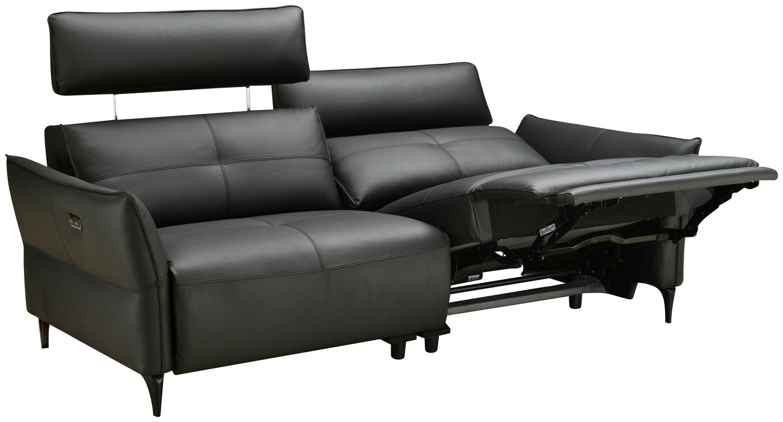 Schwarze Polstergarnitur mit verstellbarer Rückenlehne und Fußstütze, seitliche Perspektive