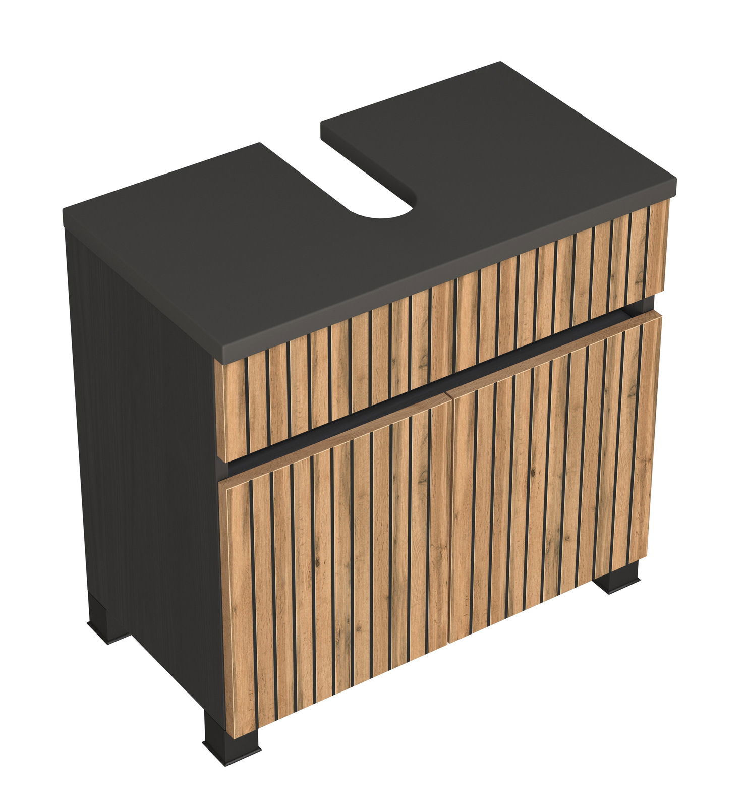 Waschbeckenunterschrank mit Holzlamellen-Design und dunkler Arbeitsplatte, perspektivische Ansicht von oben.