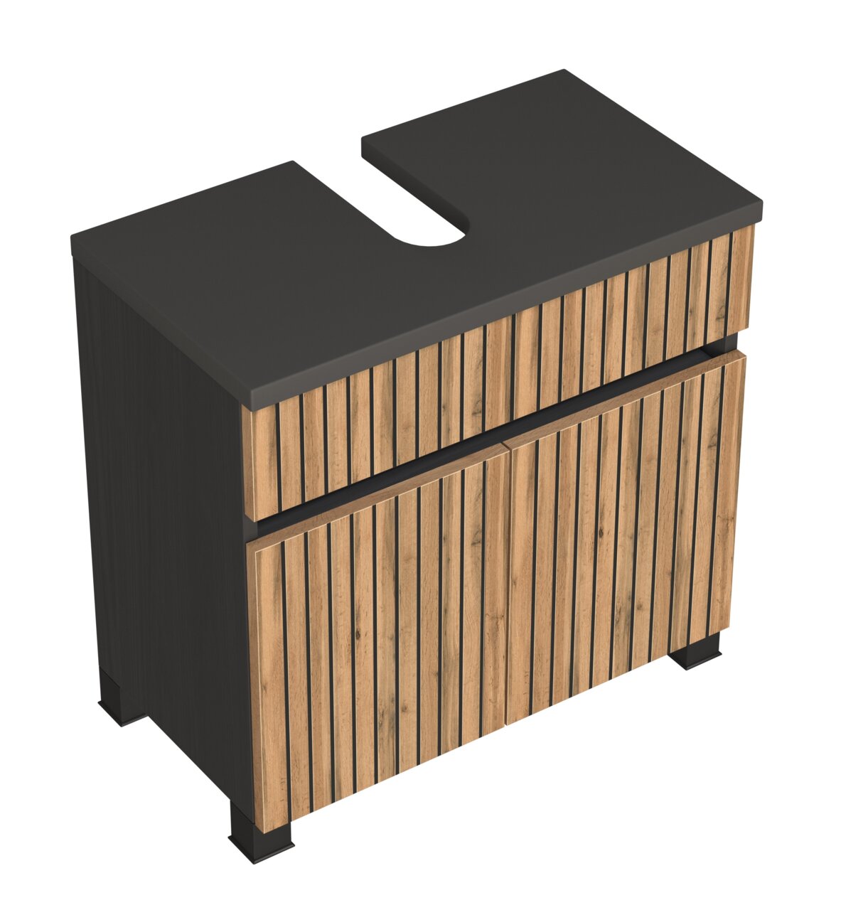 Waschbeckenunterschrank mit Holzlamellen-Design und dunkler Arbeitsplatte, perspektivische Ansicht von oben.