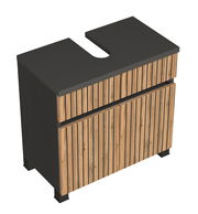 Waschbeckenunterschrank mit Holzlamellen-Design und dunkler Arbeitsplatte, perspektivische Ansicht von oben.