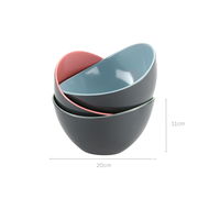 Dreiteiliges Set von Obst- und Salatschalen in verschiedenen Farben, gestapelt, seitliche Perspektive, Maße 20cm x 11cm