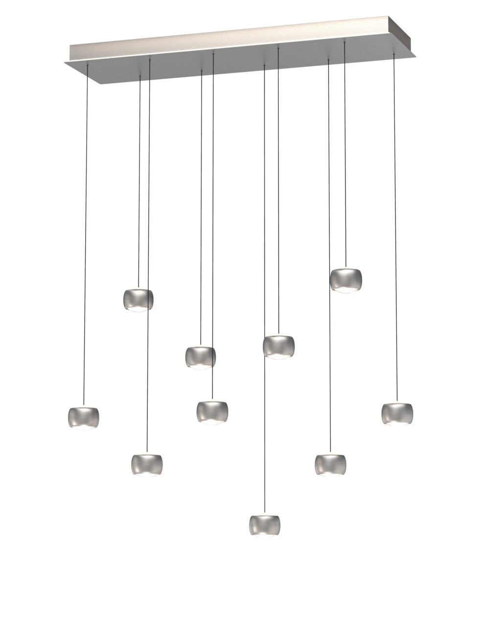 Moderne LED-Pendelleuchte mit mehreren zylindrischen Lampen, hängend an dünnen Kabeln von einer rechteckigen Deckenhalterung, seitliche Perspektive.