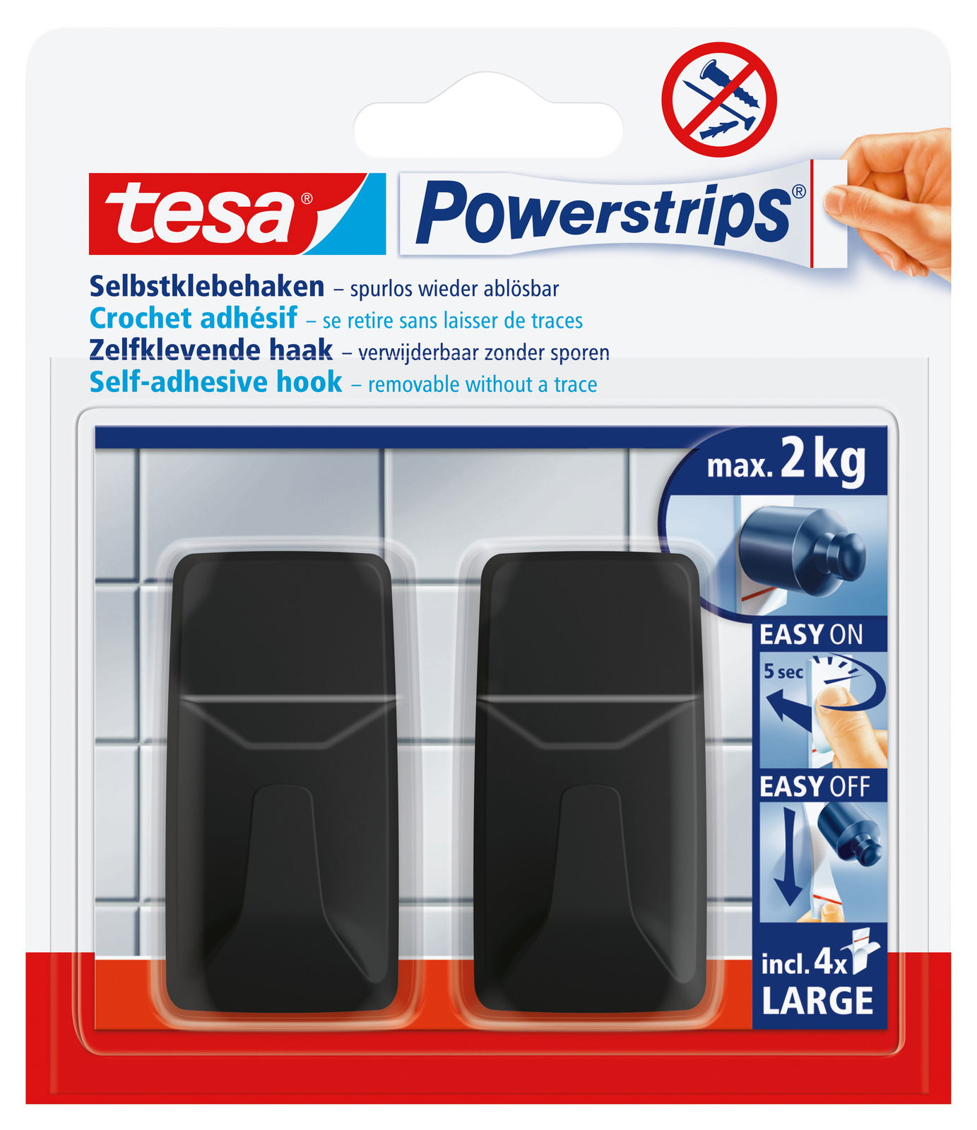 Tesa Powerstrips Haken 2-tlg. Zwei schwarze, selbstklebende Haken von tesa Powerstrips, geeignet für eine maximale Belastung von 2 kg, in einer Verpackung von vorne betrachtet.