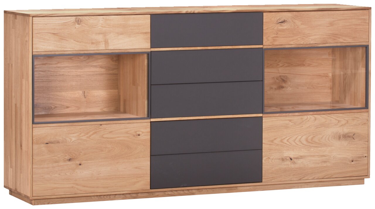 Modernes Sideboard aus Holz mit zwei Türen und offenen Fächern, Frontansicht