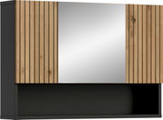 Moderne Badezimmer-Waschtischkonsole in Anthrazit mit Holz-Lamellenfront und großem Spiegel in der Mitte, frontale Ansicht.
