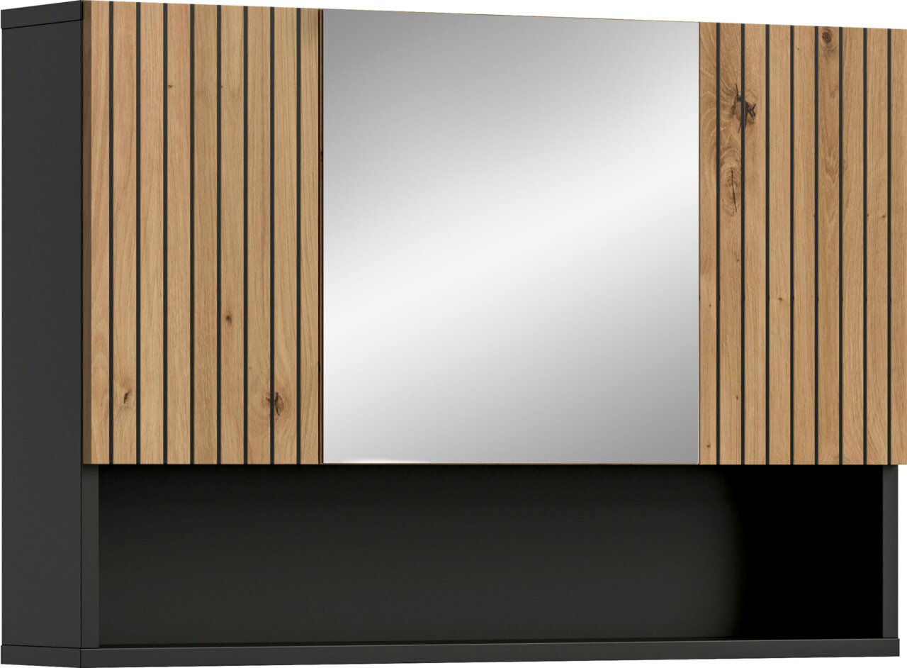 MID.YOU Spiegelschrank MONE Moderne Badezimmer-Waschtischkonsole in Anthrazit mit Holz-Lamellenfront und großem Spiegel in der Mitte, frontale Ansicht.