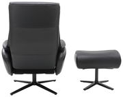 Rückansicht eines schwarzen Relaxsessels mit passendem Hocker, beide mit drehbarem Fußgestell.