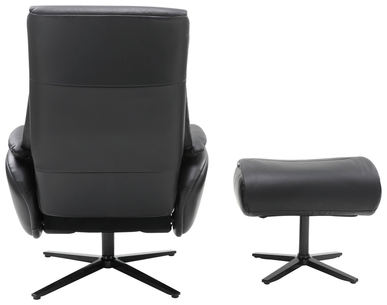 Rückansicht eines schwarzen Relaxsessels mit passendem Hocker, beide mit drehbarem Fußgestell.