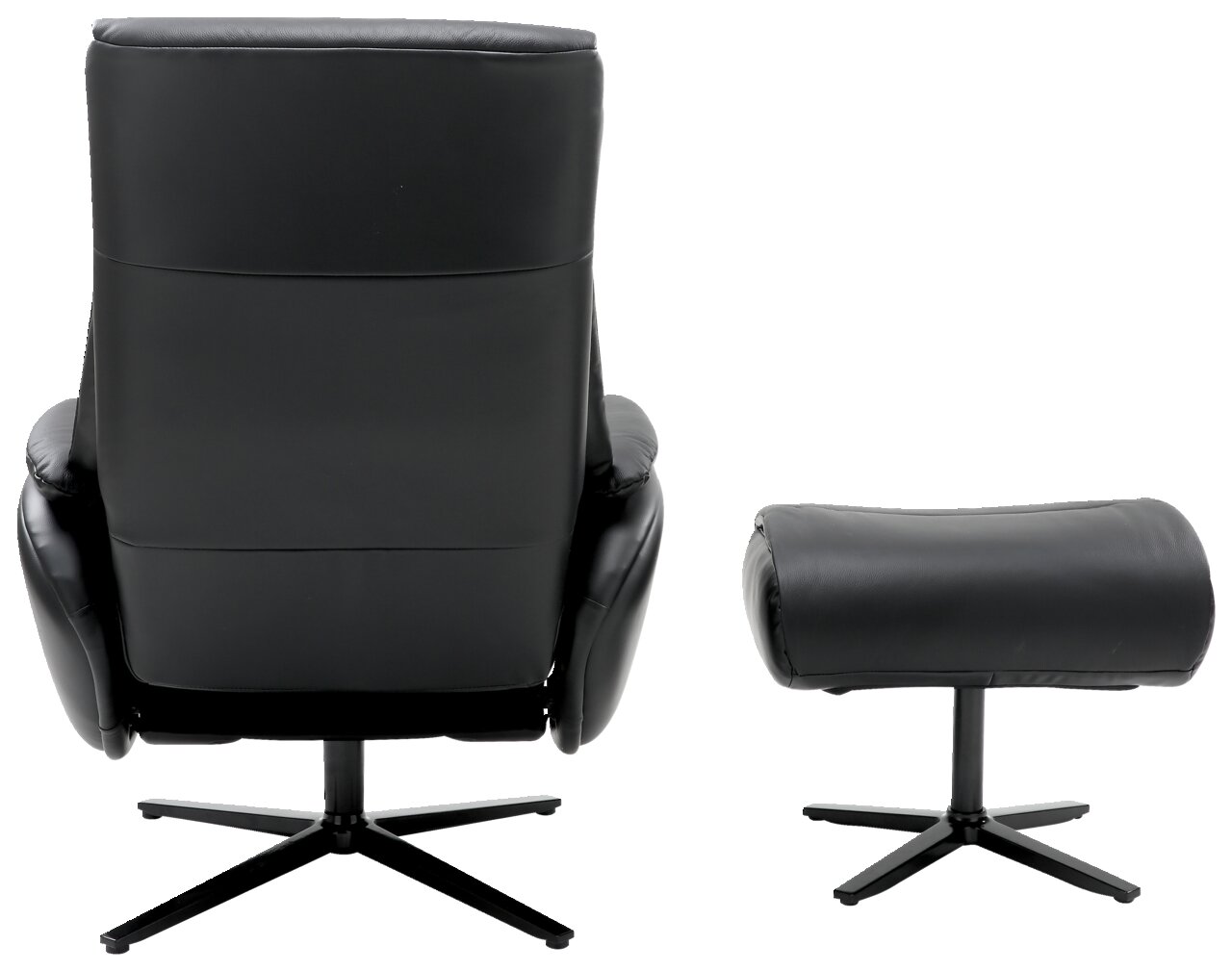 Achterkant van een zwarte relaxfauteuil met bijpassende voetenbank, beide met een draaibaar onderstel.