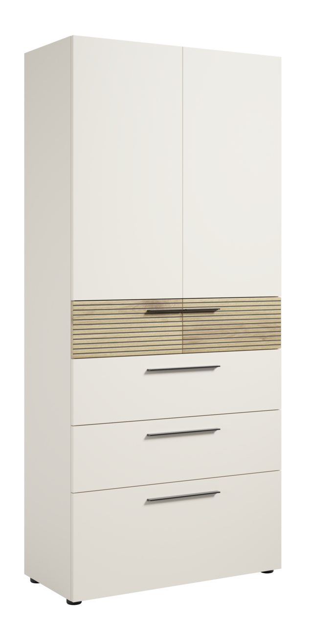 Aktenschrank mit Schubladen in weißer Farbe, mit einer Holzleiste in der Mitte und silbernen Griffen, aus einer leicht seitlichen Perspektive betrachtet.