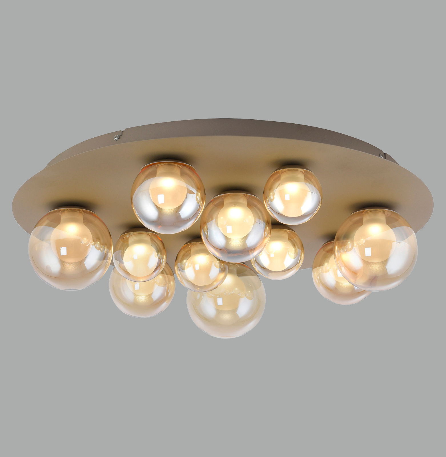 Moderne LED-Deckenleuchte mit mehreren kugelförmigen Glaskörpern, seitliche Perspektive