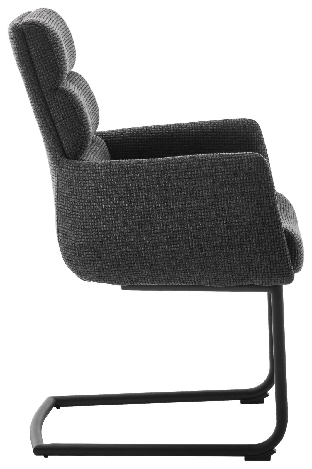 Seitenansicht eines modernen Freischwinger-Sessels mit grauem Stoffbezug und schwarzem Metallgestell.