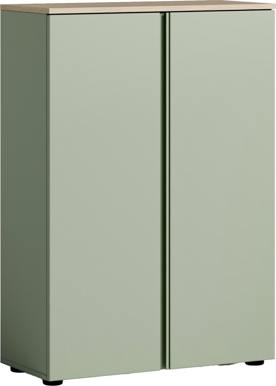 Moderner Schuhschrank in hellem Grün mit Holzoberfläche, Frontalansicht