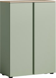 Moderner Schuhschrank in hellem Grün mit Holzoberfläche, Frontalansicht