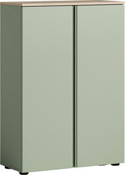 Moderner Schuhschrank in hellem Grün mit Holzoberfläche, Frontalansicht