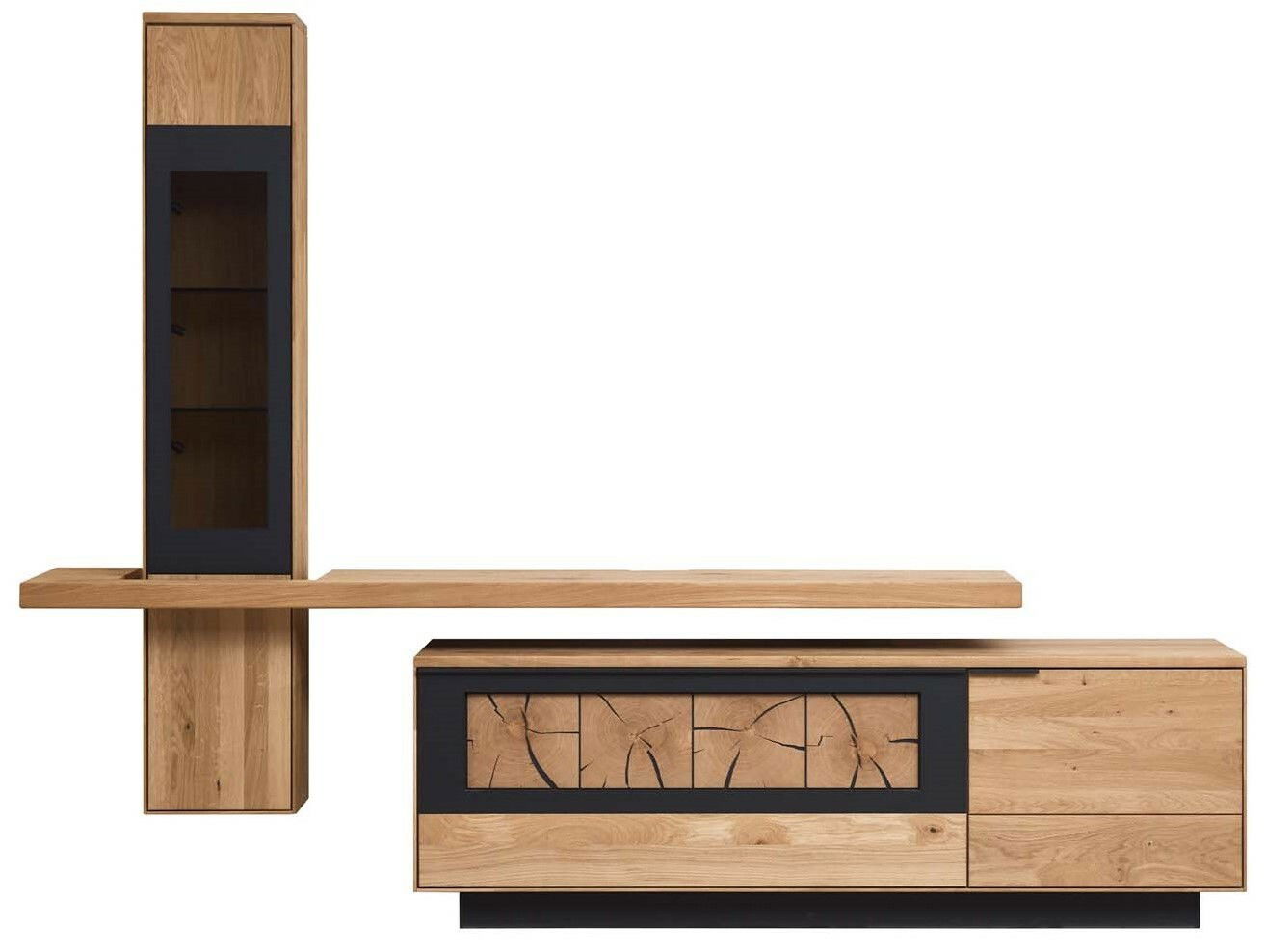 Moderne Wandkombination aus Holz mit schwarzem Akzent, frontal betrachtet