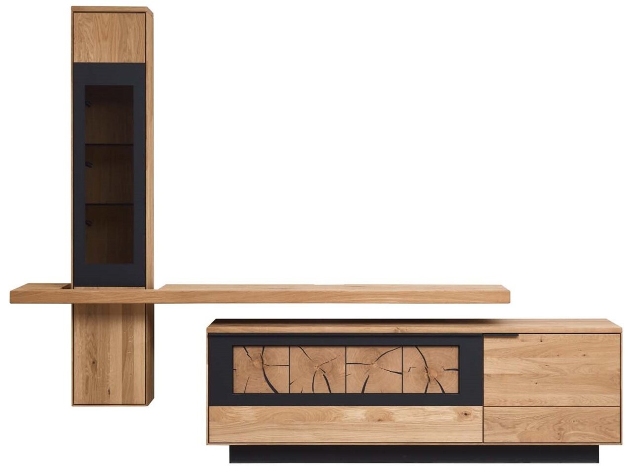 Moderne Wandkombination aus Holz mit schwarzem Akzent, frontal betrachtet