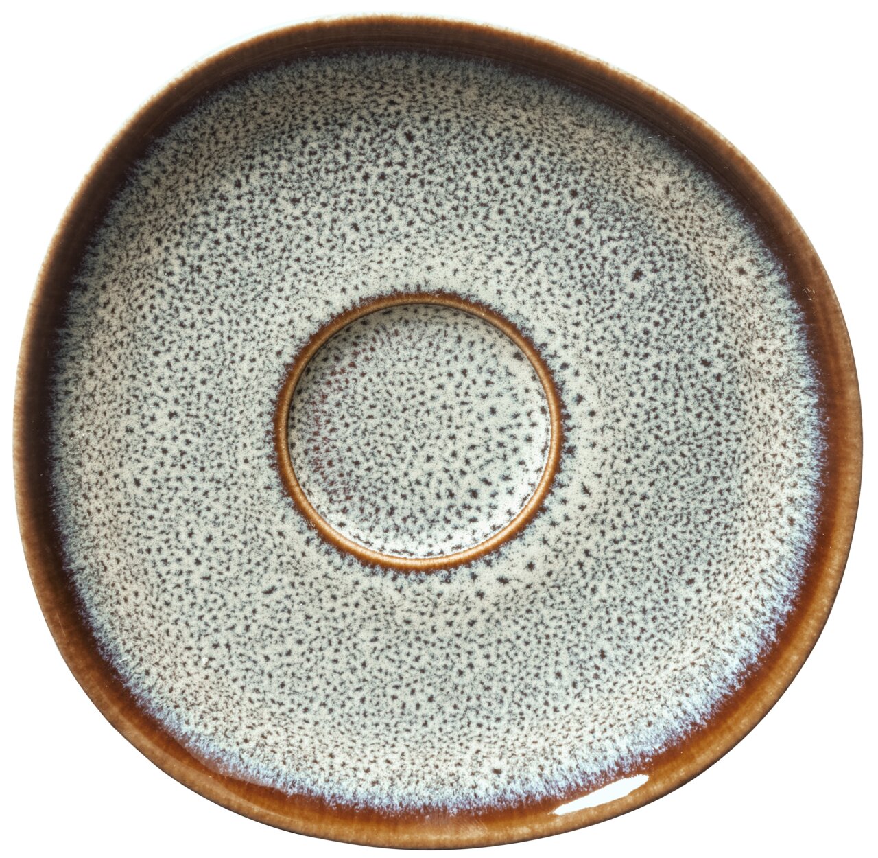 Kaffeeuntertasse Lave beige, Draufsicht, mit gesprenkeltem Muster und braunem Rand