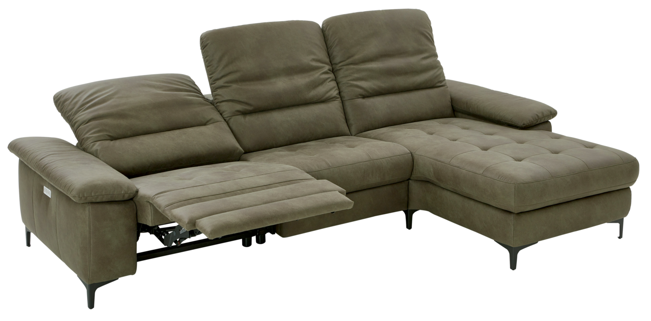 Bequeme Longchairkombination in Olivgrün mit verstellbarer Rückenlehne und Fußstütze, seitliche Perspektive