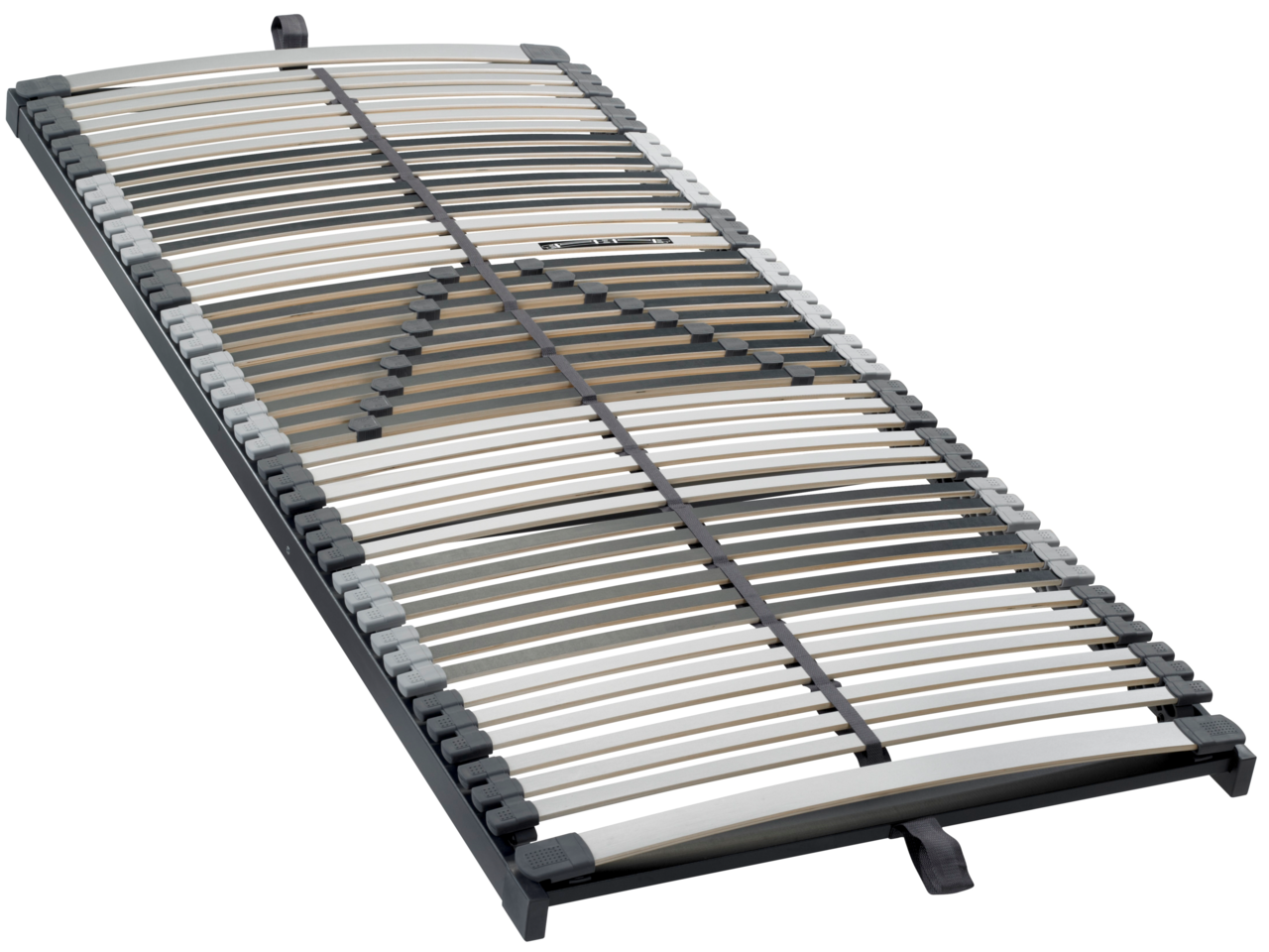 Federholzrahmen in schräger Perspektive, bestehend aus mehreren gebogenen Holzlatten und Kunststoffelementen.