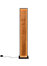 Moderne Stehleuchte mit Holzoptik und LED-Beleuchtung, frontal betrachtet