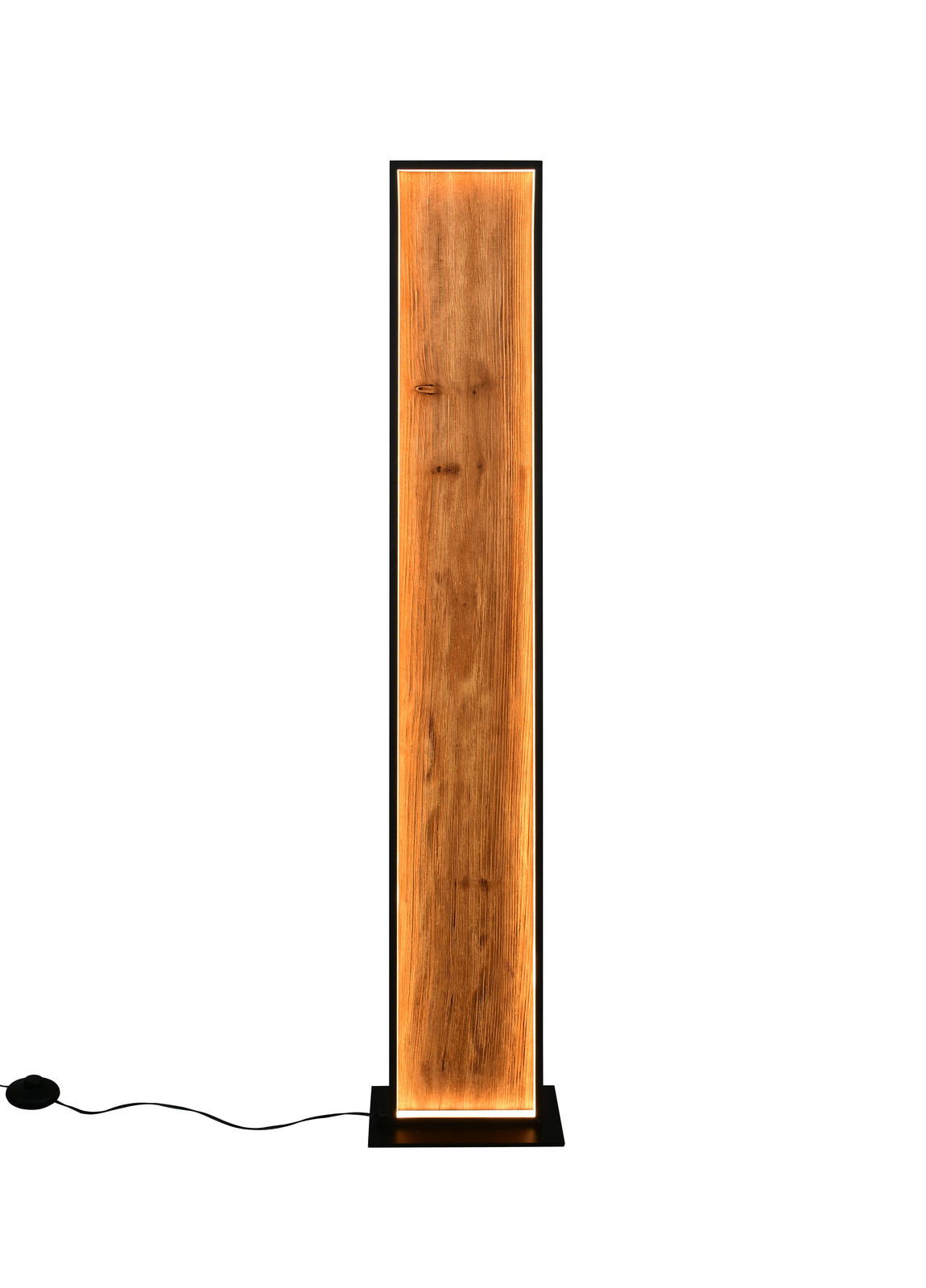 Moderne Stehleuchte mit Holzoptik und LED-Beleuchtung, frontal betrachtet