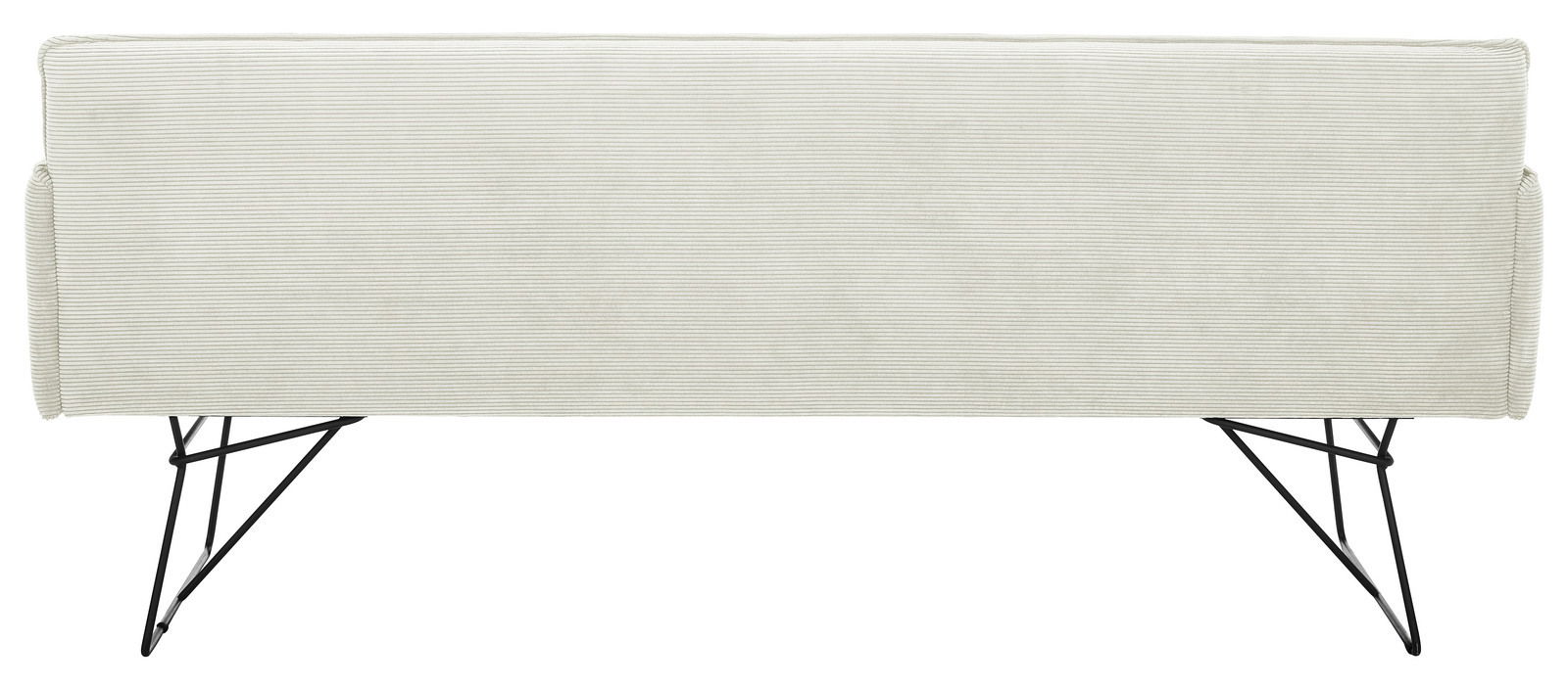 Pure Home Lifestyle Solobank 2-Sitzer klein COCONUT Rückansicht einer kleinen, zweisitzigen Solobank mit hellgrauem Stoffbezug und schwarzen Metallbeinen.