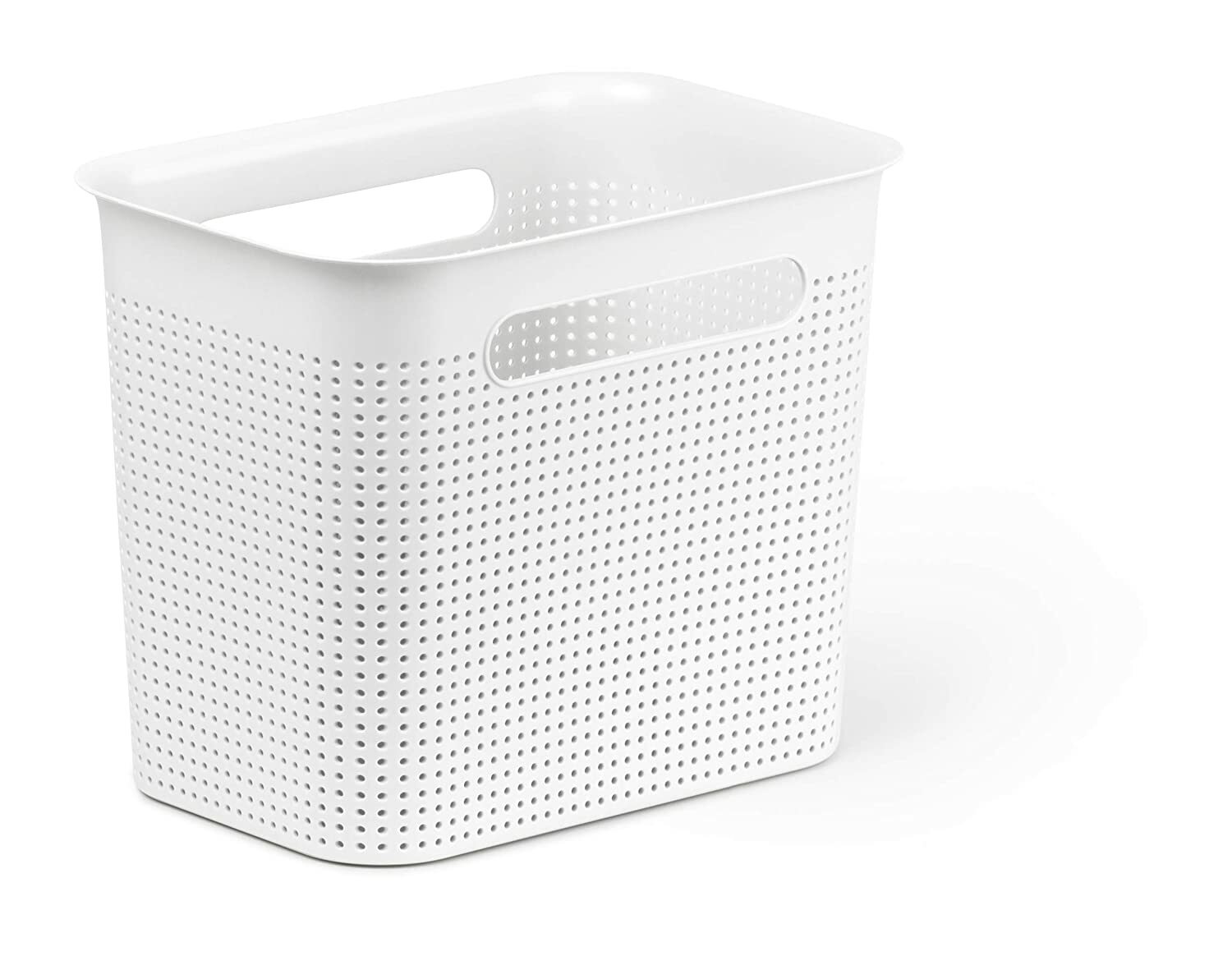 Weiße, schmale Aufbewahrungsbox mit perforierten Seiten und Griffen, seitliche Perspektive