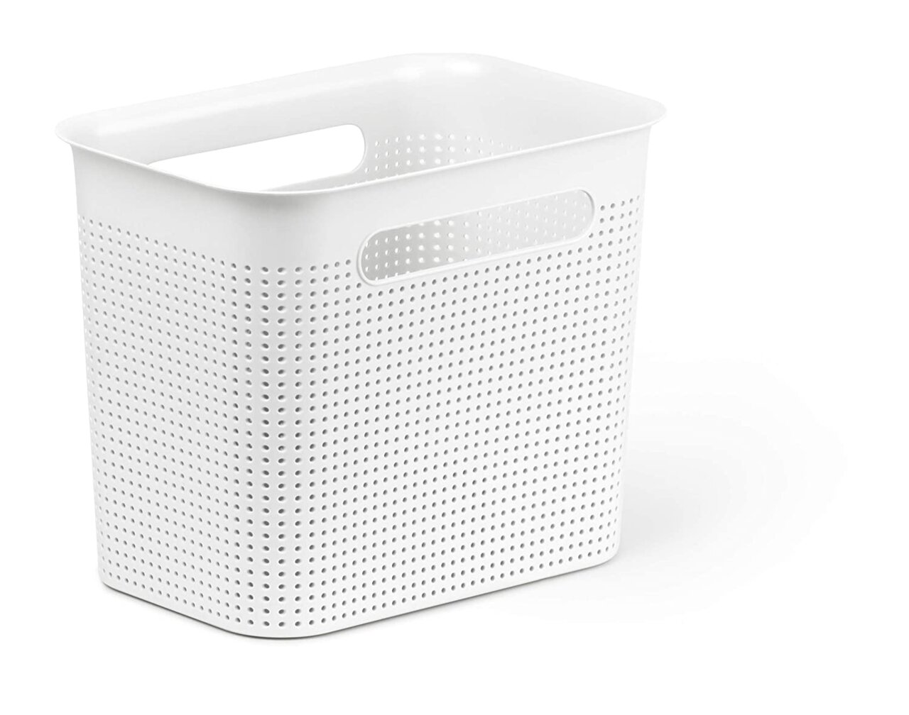 Weiße, schmale Aufbewahrungsbox mit perforierten Seiten und Griffen, seitliche Perspektive