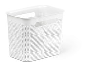 Weiße, schmale Aufbewahrungsbox mit perforierten Seiten und Griffen, seitliche Perspektive