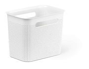 Weiße, schmale Aufbewahrungsbox mit perforierten Seiten und Griffen, seitliche Perspektive
