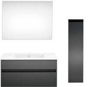 Moderne Badkombination mit Spiegel, Waschbeckenunterschrank und hohem Schrank in dunklem Design, Frontalansicht.