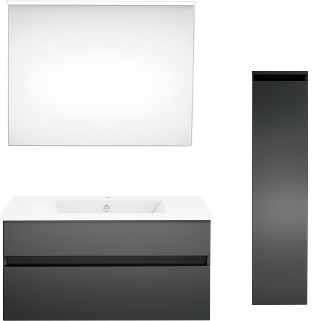 Moderne Badkombination mit Spiegel, Waschbeckenunterschrank und hohem Schrank in dunklem Design, Frontalansicht.