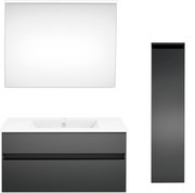 Moderne Badkombination mit Spiegel, Waschbeckenunterschrank und hohem Schrank in dunklem Design, Frontalansicht.