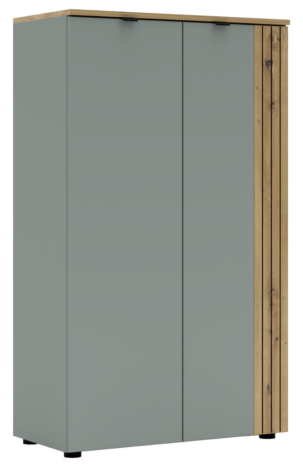 Moderner Büroschrank mit zwei Türen in grauer Farbe und Holzakzenten, Frontalansicht