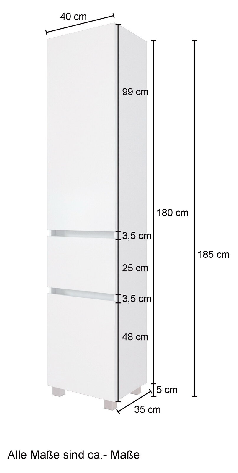 Hochschrank in Weiß mit den Maßen 185 cm Höhe, 40 cm Breite und 35 cm Tiefe, seitliche Perspektive