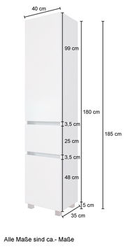 Hochschrank in Weiß mit den Maßen 185 cm Höhe, 40 cm Breite und 35 cm Tiefe, seitliche Perspektive