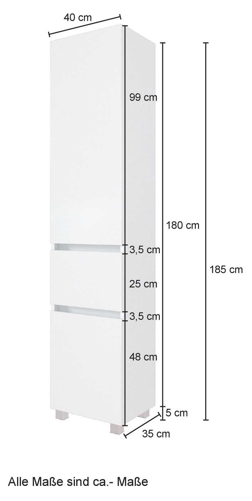 Hochschrank in Weiß mit den Maßen 185 cm Höhe, 40 cm Breite und 35 cm Tiefe, seitliche Perspektive