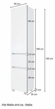 Hoge kast in wit met de afmetingen 185 cm hoog, 40 cm breed en 35 cm diep, zijaanzicht