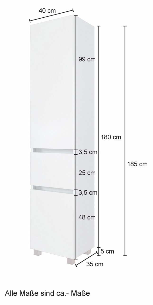 Hoge kast in wit met de afmetingen 185 cm hoog, 40 cm breed en 35 cm diep, zijaanzicht