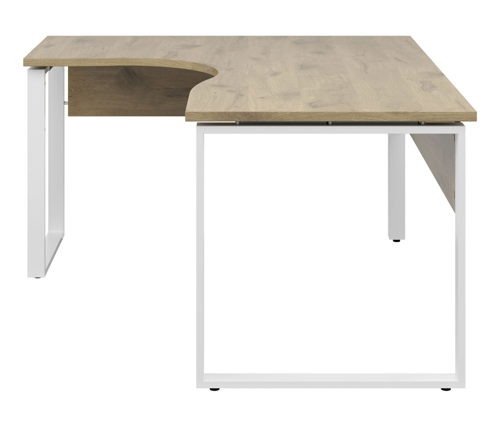 Moderner Eckschreibtisch in L-Form mit Holzoberfläche und weißen Metallbeinen, seitliche Perspektive
