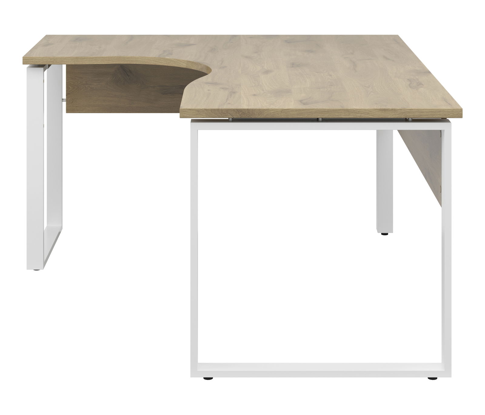 Moderner Eckschreibtisch in L-Form mit Holzoberfläche und weißen Metallbeinen, seitliche Perspektive