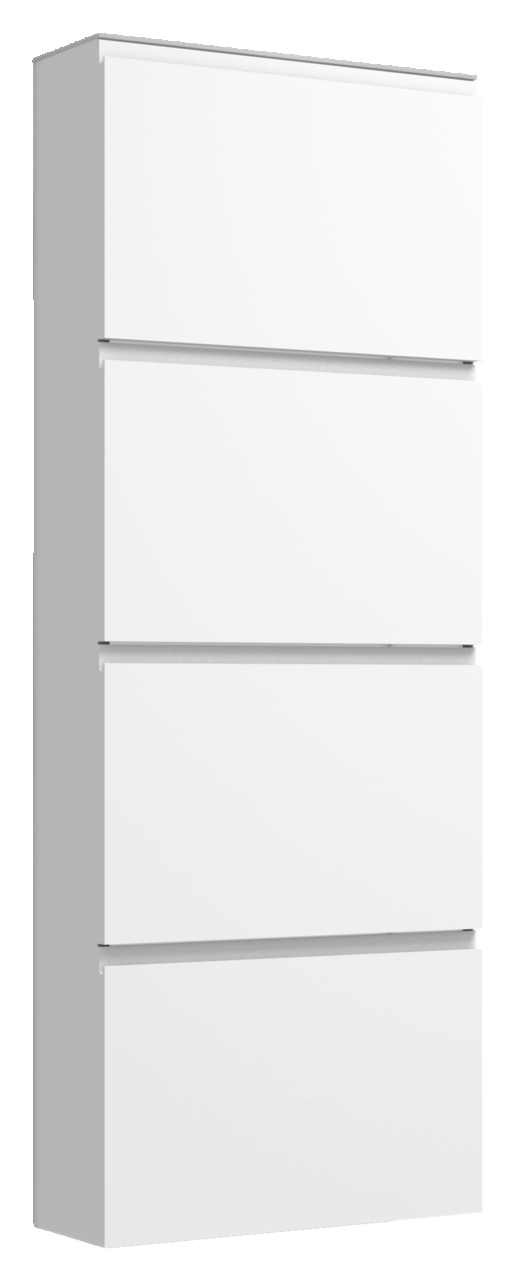 Weißer Hängeschuhschrank mit vier Klappen, seitliche Perspektive