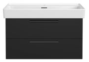 Frontansicht eines modernen Waschtisch-Sets mit weißem Waschbecken und schwarzem Unterschrank mit zwei Schubladen.