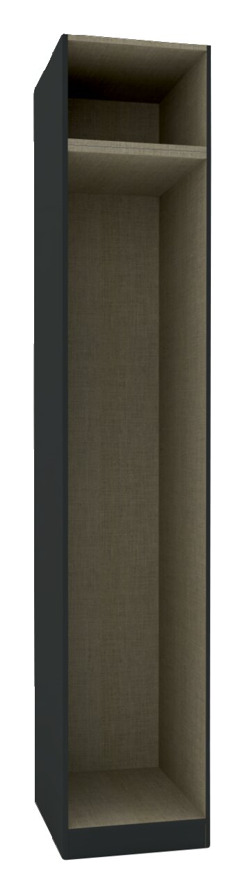 Perspektive von vorne: Moderner Kleiderschrank Korpus in dunkler Farbe mit einem Fach und einem Regalboden, Maße 242x45,6 cm.