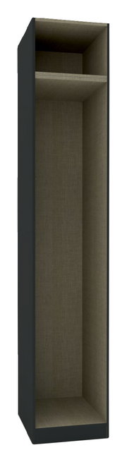 Perspektive von vorne: Moderner Kleiderschrank Korpus in dunkler Farbe mit einem Fach und einem Regalboden, Maße 242x45,6 cm.