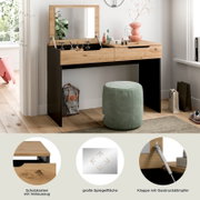 Schminktisch/Frisiertisch in Holzoptik mit schwarzem Gestell, großer Spiegelklappe mit Gasdruckdämpfern und Schublade, im Wohnraum mit grünem Hocker – Perspektive: frontale, leicht seitliche Ansicht von links.