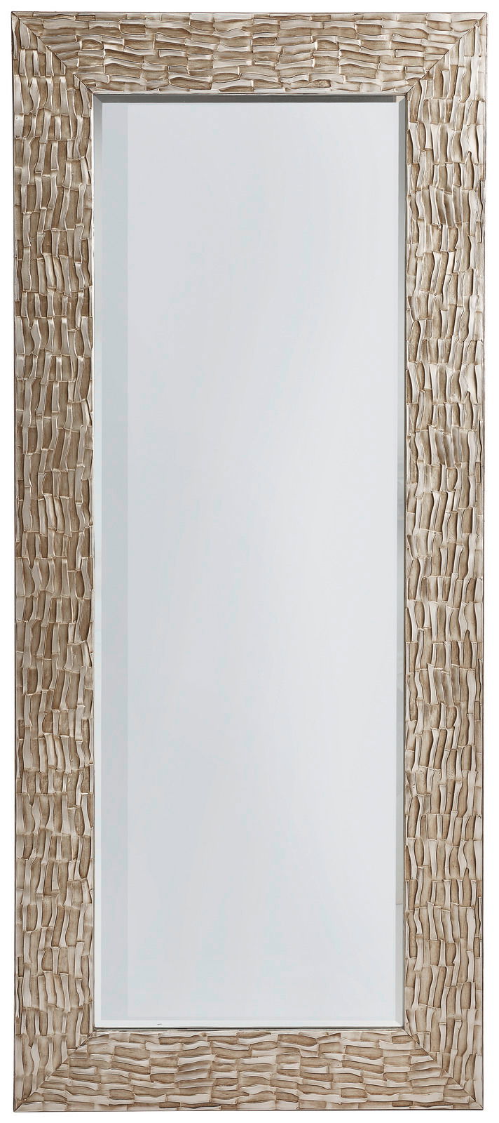 Rechteckiger Spiegel mit dekorativem, strukturiertem Rahmen in Goldoptik, frontal abgebildet.