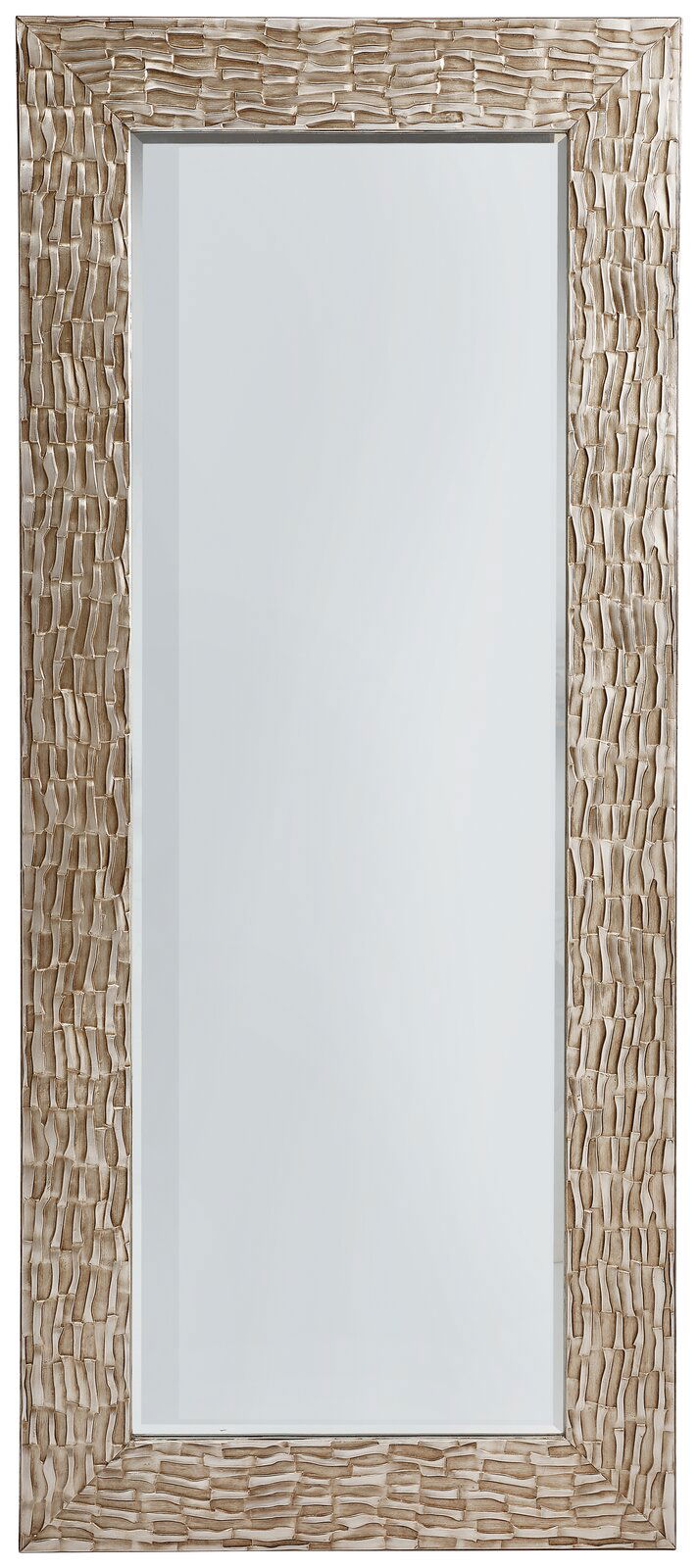 Rechteckiger Spiegel mit dekorativem, strukturiertem Rahmen in Goldoptik, frontal abgebildet.